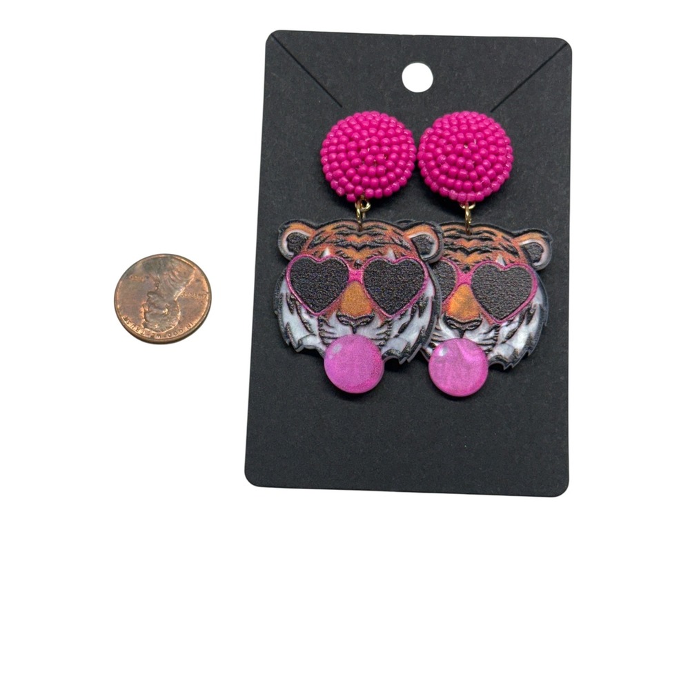 Pink Beaded Tiger Bubblegum Heart Sunglasses Drop Earrings Hypoallergenic